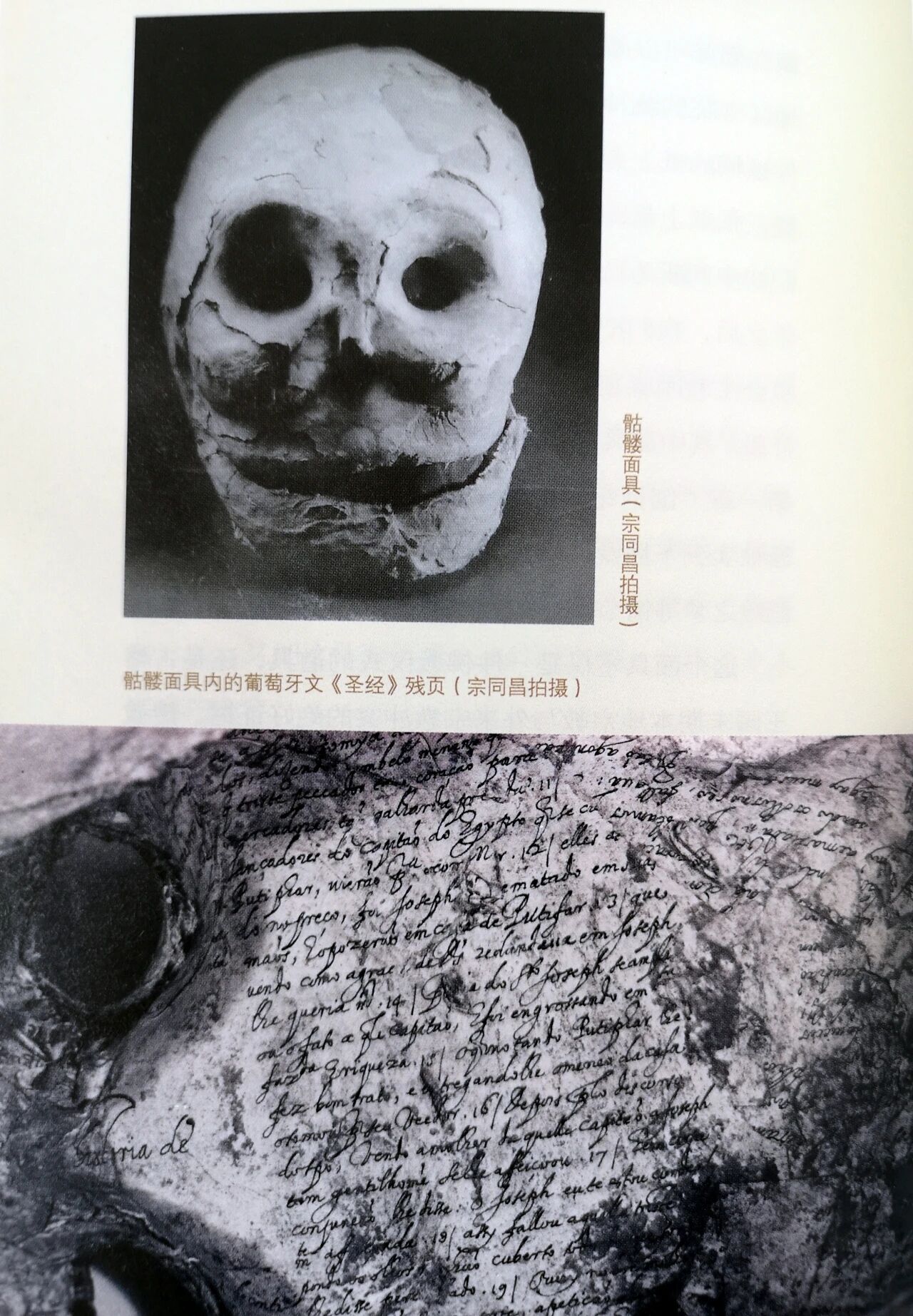 骷髅面具及背面由葡萄牙文写的圣经